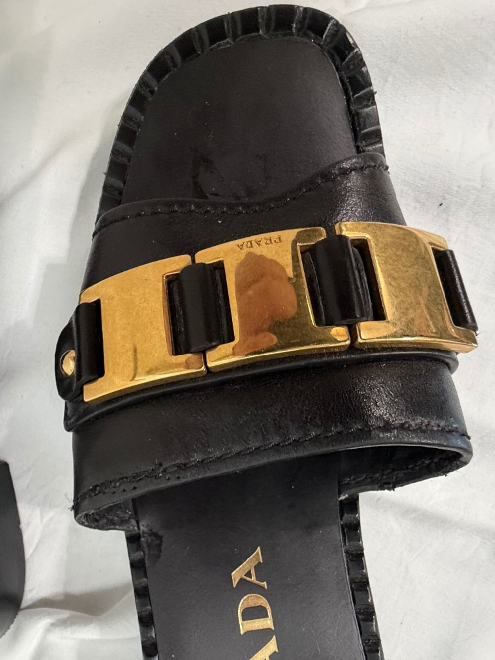 Prada Black Leather Slide Sandals with Gold Chain Accent - Picture 4 of 6